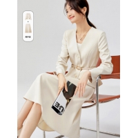 尚都比拉春季通勤OL風V領西裝A字半裙顯瘦兩件套套裝女 杏色 M